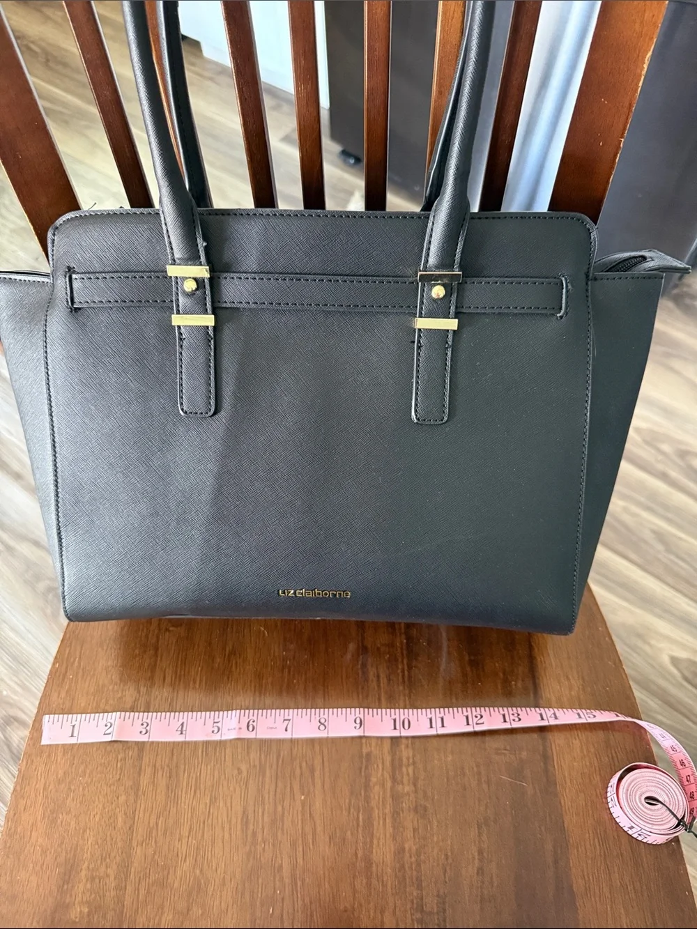 Liz Claiborne Black Leather-Look Satchel with Gold Accents